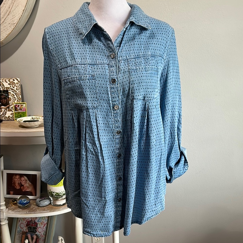 [Style & Co] Chambray Polka Dot Blue Button-Up Top - Size Medium